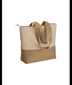 Shopper  in cotone 280 g/m2 con soffietto, con base in juta, manici lunghi