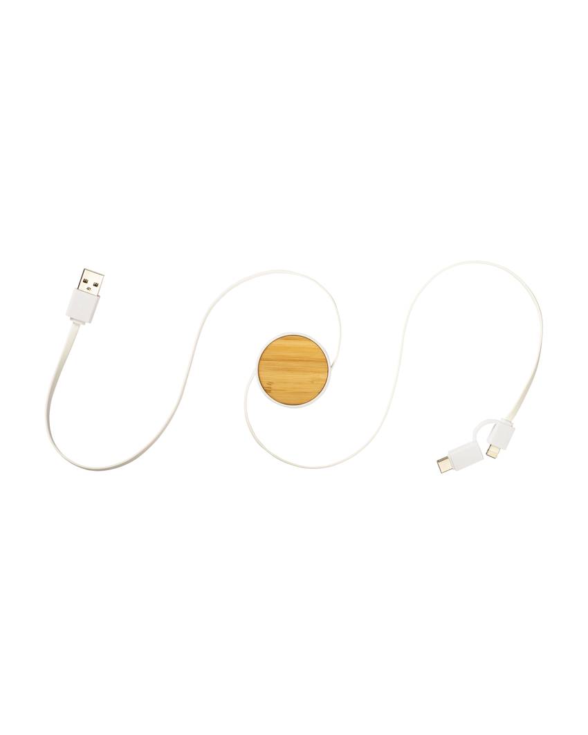 Cavo retrattile in bambù con adattatore USB-type C/lightning/microUSB .