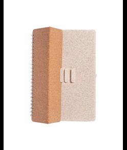 Quaderno ad anelli in sughero trasformabile in stand portacellulare.