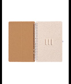 Quaderno ad anelli in sughero trasformabile in stand portacellulare.