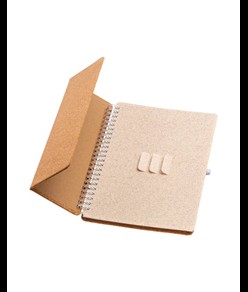 Quaderno ad anelli in sughero trasformabile in stand portacellulare.