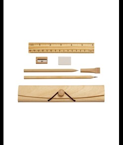 Set scuola/ufficio in legno, composto da penna, matita, gomma e temperino
