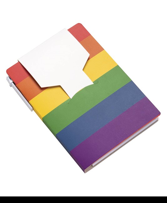 Block notes  in carta con copertina arcobaleno, foglietti adesivi e penna