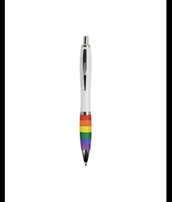 Penna a scatto in plastica ABS, con fusto bianco, impugnatura arcobaleno