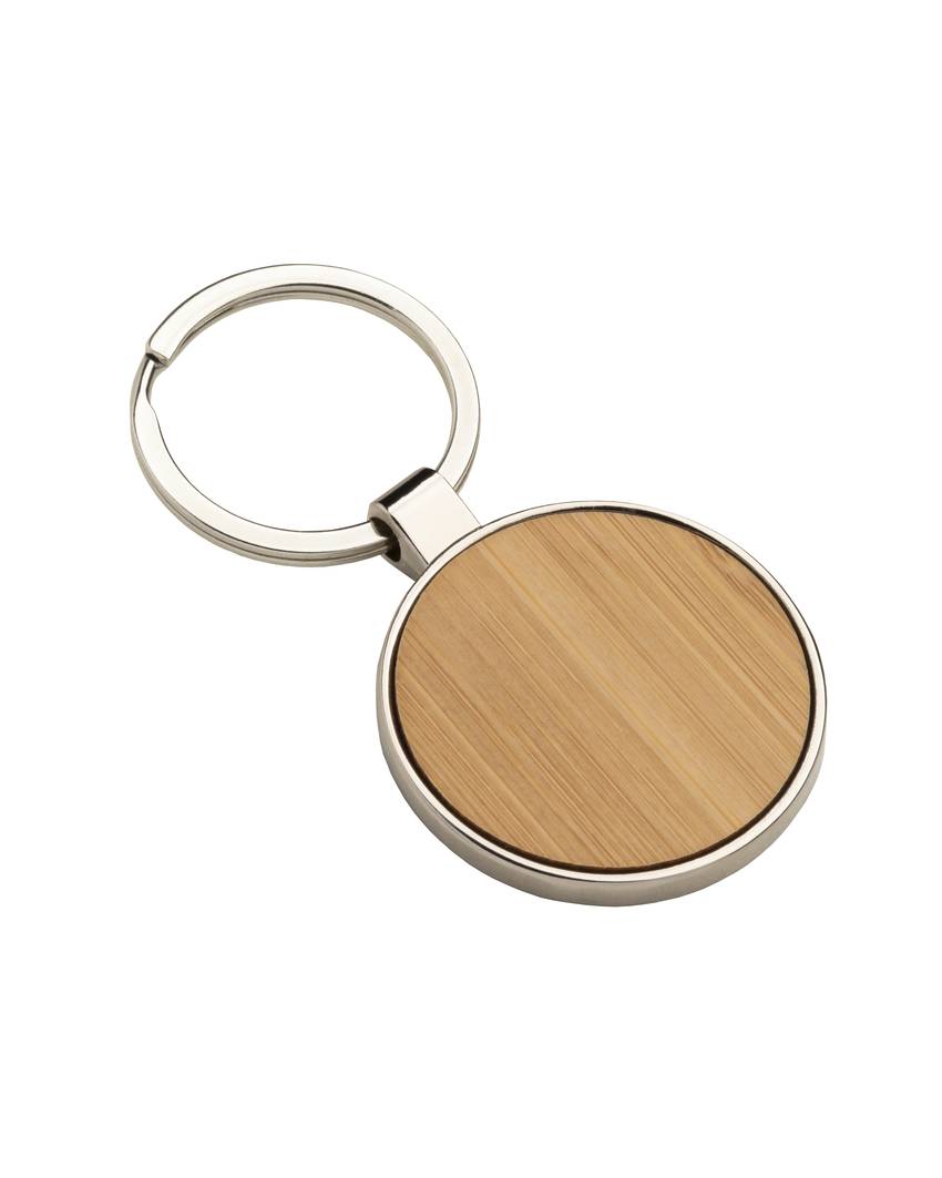 Portachiavi in metallo tondo, con particolare frontale in bambù