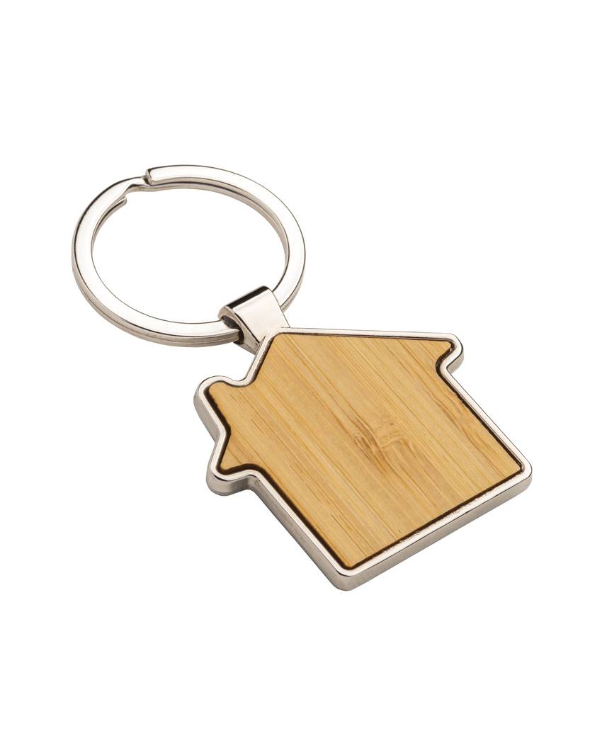 Portachiavi in metallo a forma di casetta, con particolare frontale in bambù