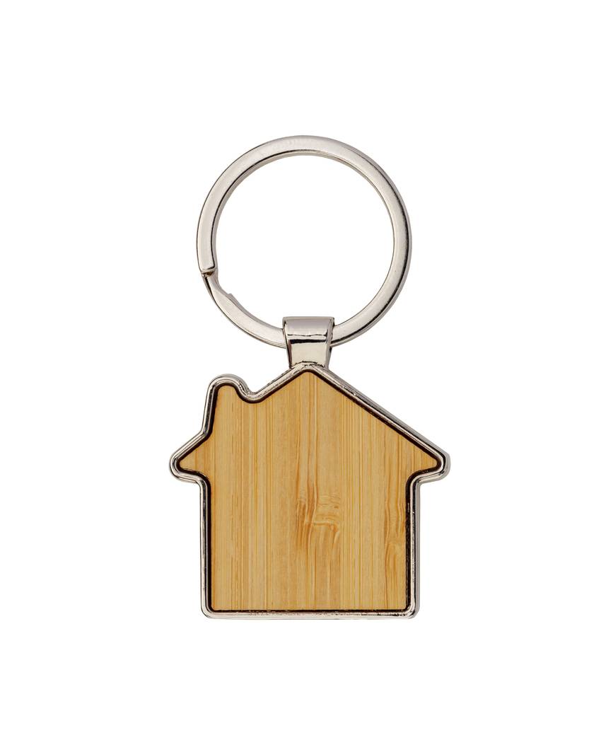Portachiavi in metallo a forma di casetta, con particolare frontale in bambù