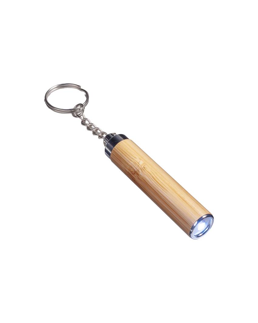 Torcia  LED in bamboo con anello portachiavi, 3 batterie LR41 incluse