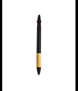 Penna a scatto in plastica con 3 refill, con gommino per touch screen, impugnatura in bamb