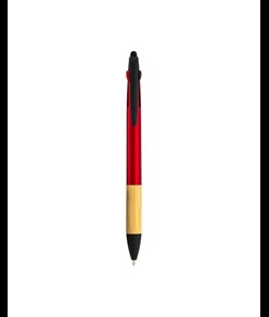 Penna a scatto in plastica con 3 refill, con gommino per touch screen, impugnatura in bamb