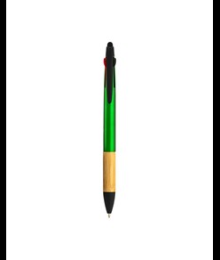 Penna a scatto in plastica con 3 refill, con gommino per touch screen, impugnatura in bamb