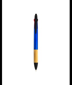 Penna a scatto in plastica con 3 refill, con gommino per touch screen, impugnatura in bamb