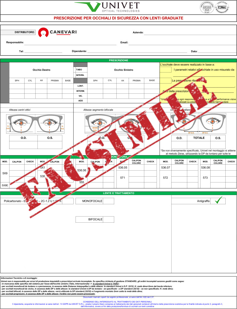 Modulo di prescrizione per occhiali da lavoro graduati