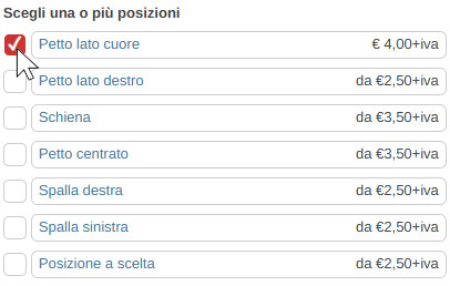 Menu di personalizzazione nella scheda prodotto
