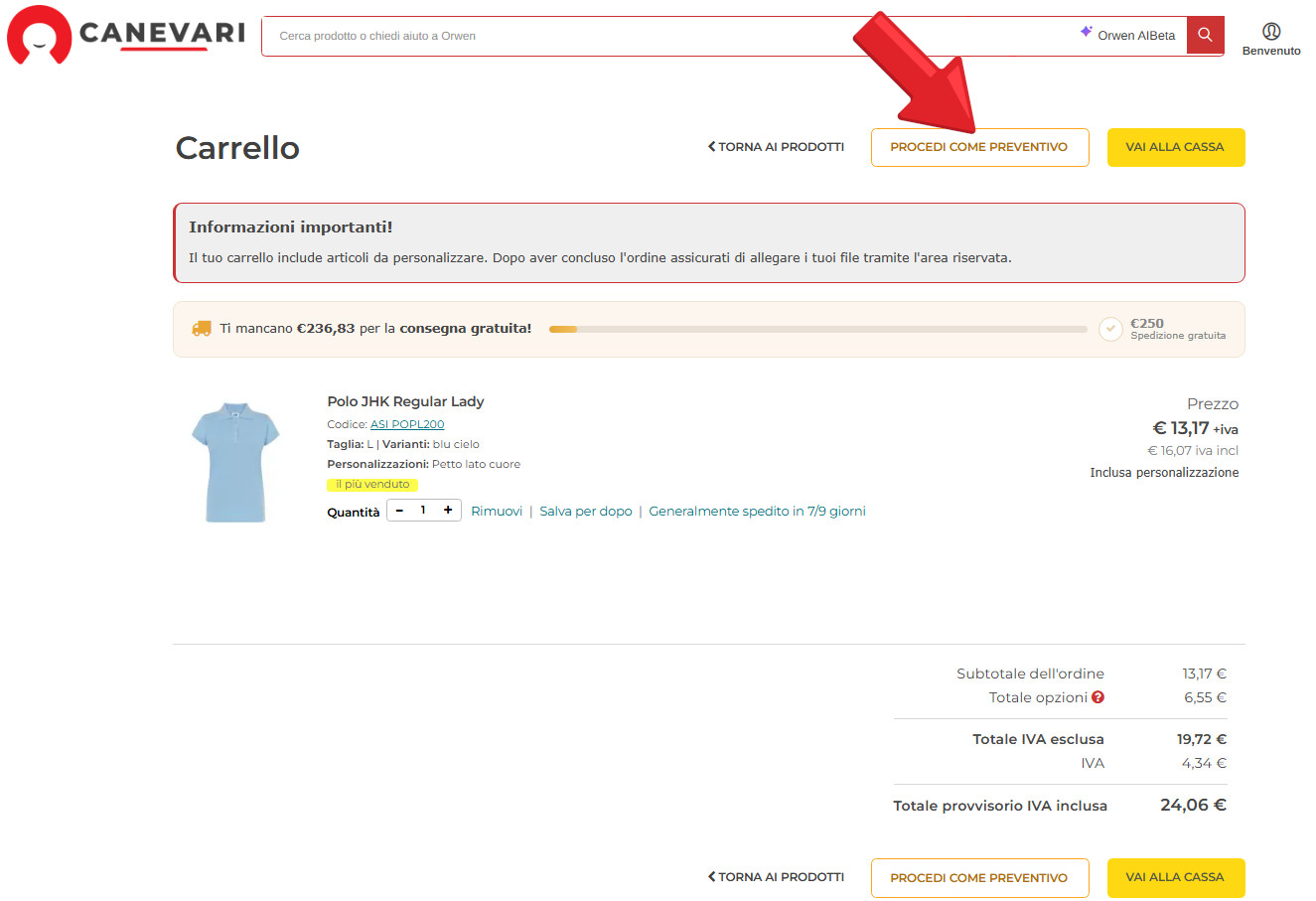 Carrello: pulsante Procedi come preventivo