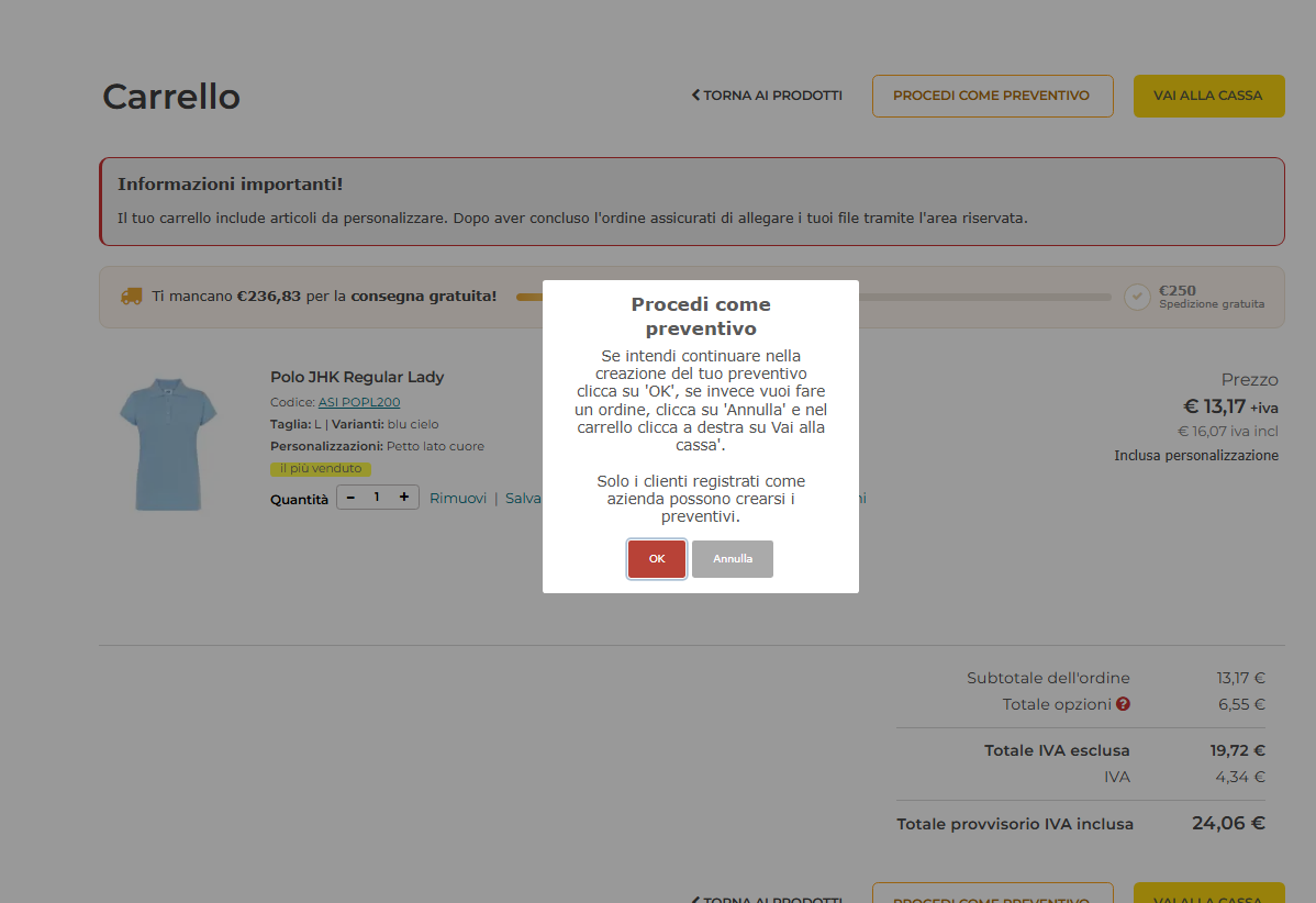 Finestra di conferma della procedura di preventivo