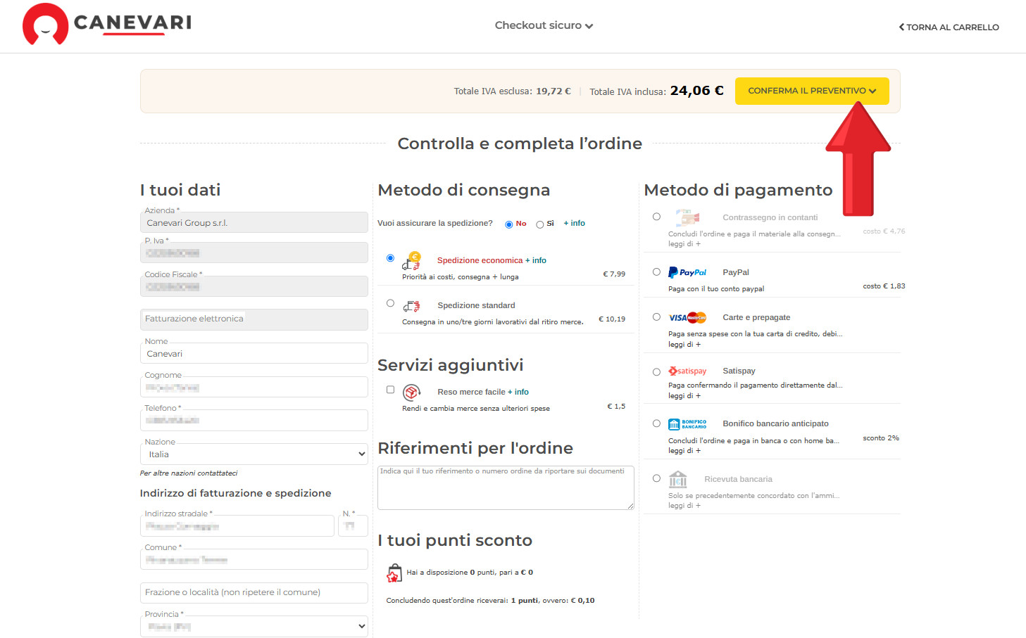 Completamento del preventivo: spedizione, pagamento e conferma