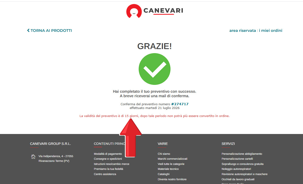 Conferma di creazione del preventivo con validità di 15 giorni