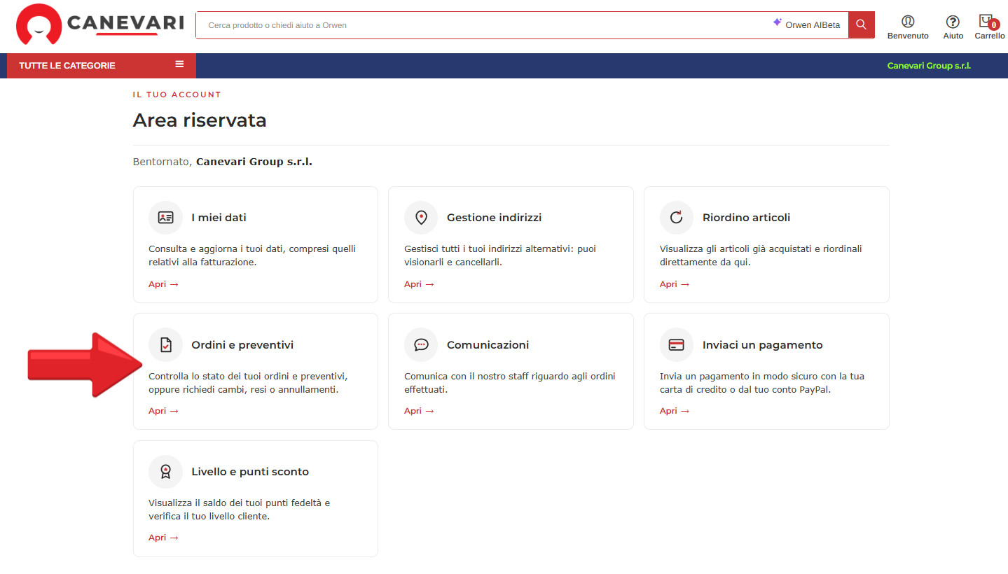 Area Riservata: sezione Ordini e preventivi