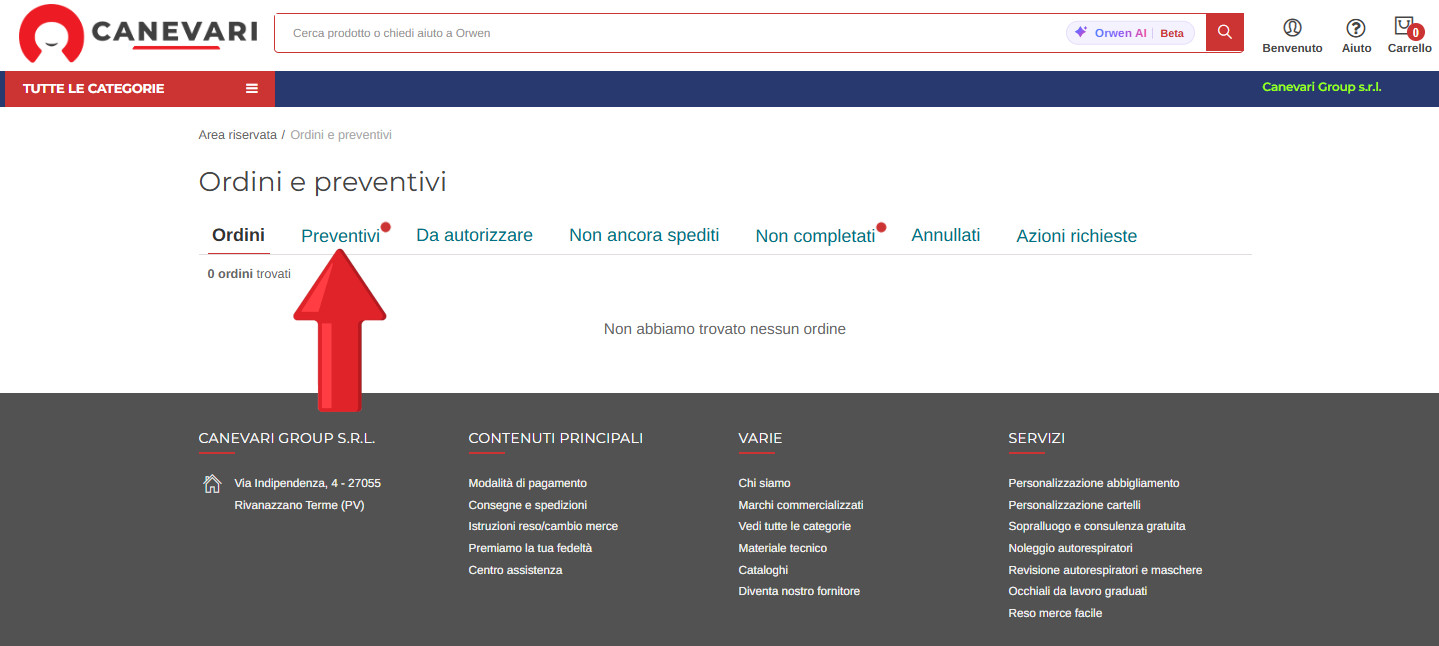 Scheda Preventivi evidenziata nella sezione Ordini e preventivi