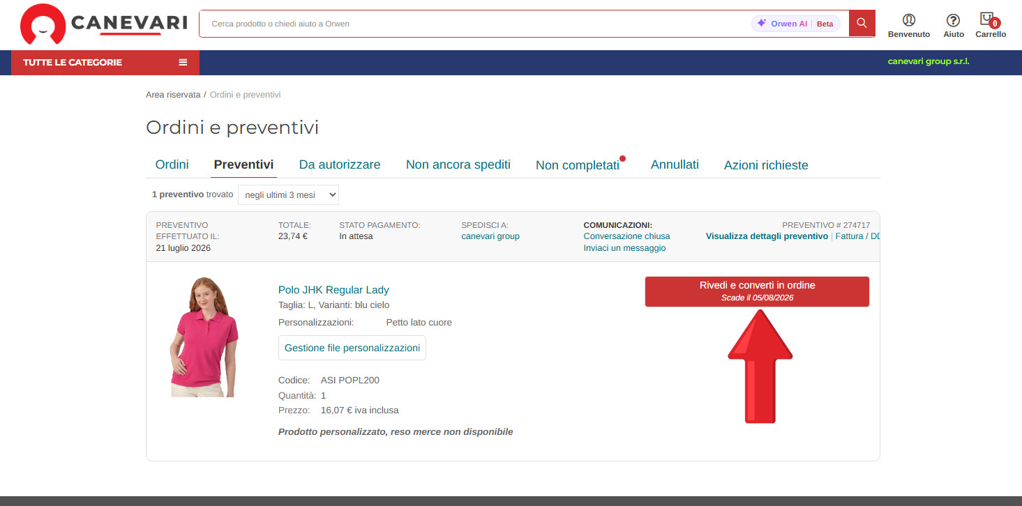 Dettaglio del preventivo con pulsante Rivedi e converti in ordine