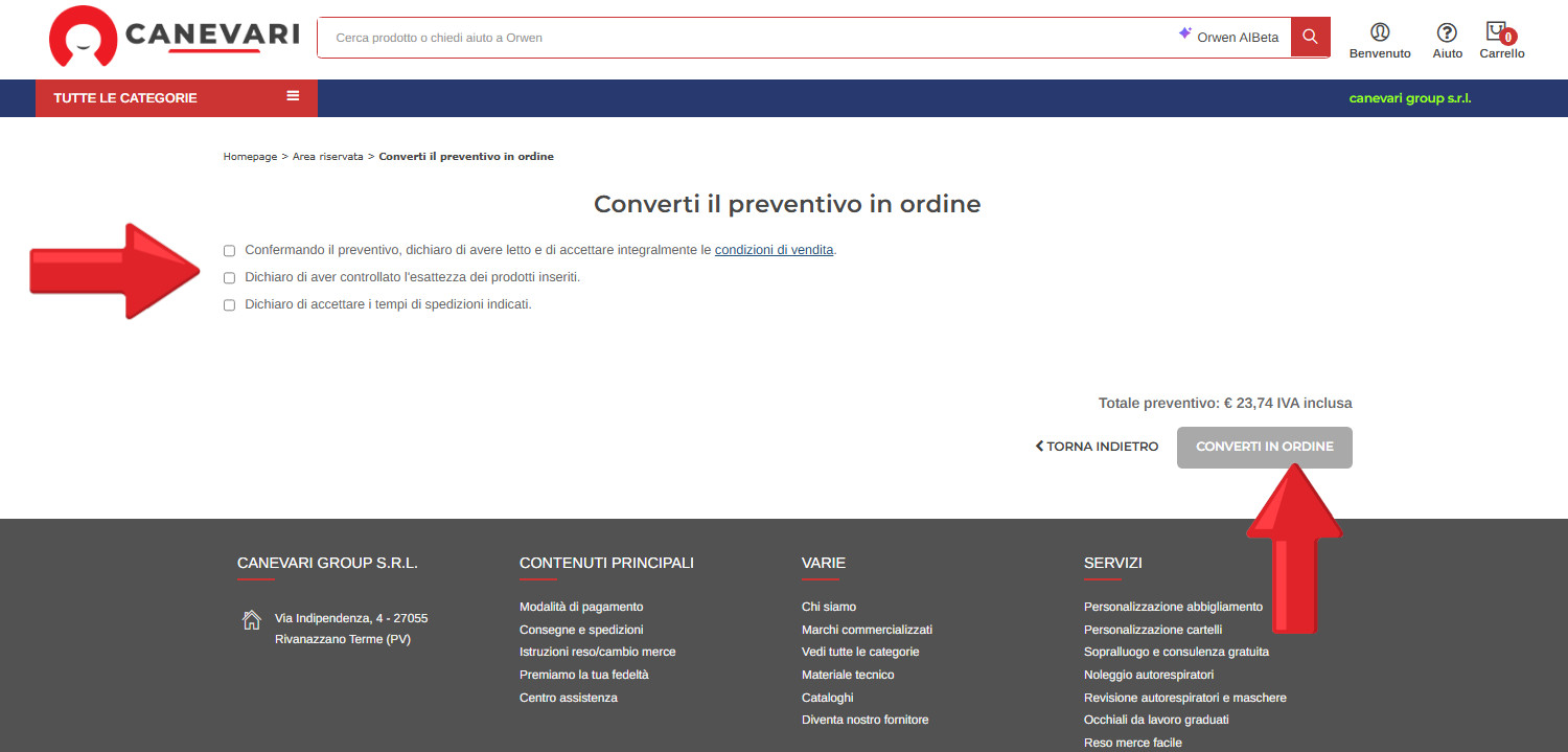 Conferma della conversione del preventivo in ordine